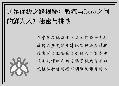 辽足保级之路揭秘：教练与球员之间的鲜为人知秘密与挑战