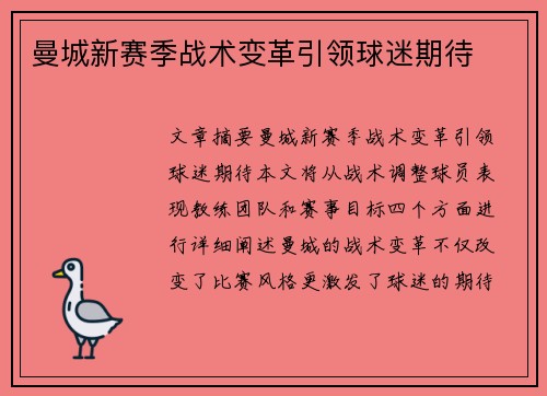 曼城新赛季战术变革引领球迷期待