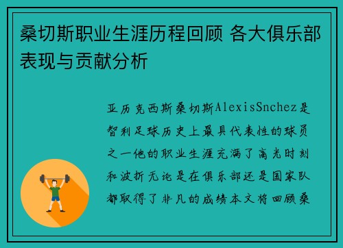 桑切斯职业生涯历程回顾 各大俱乐部表现与贡献分析