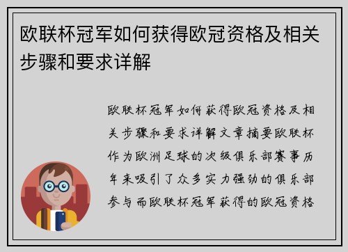 欧联杯冠军如何获得欧冠资格及相关步骤和要求详解